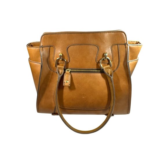 London Fog Tan Faux Leather Tote Bag With Zippered Compartments & Dual Handles - Picture 2 of 7